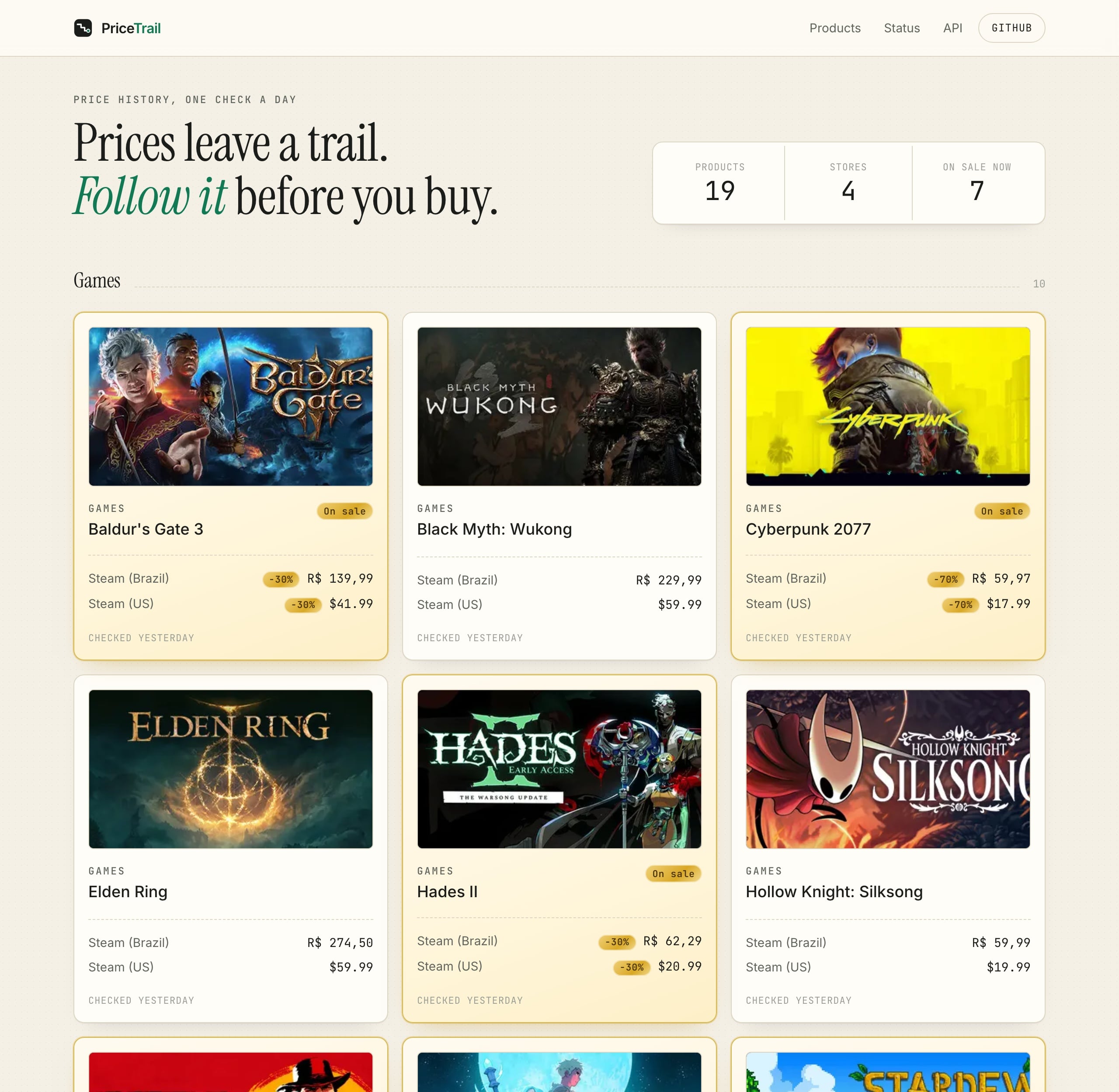 PriceTrail catalog: game cards with prices from Steam Brazil and Steam US, on-sale badges and the day of the last check